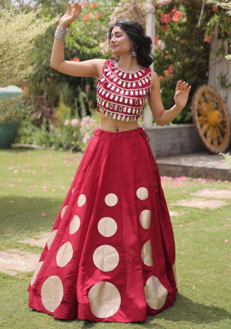 Red Mirror Work Silk Navratri Lehenga Choli - Indya