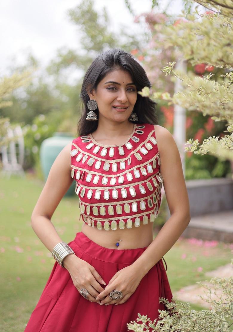 Red Mirror Work Silk Navratri Lehenga Choli - Indya
