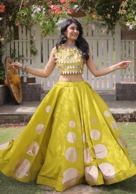 Yellow Mirror Work Silk Navratri Lehenga Choli