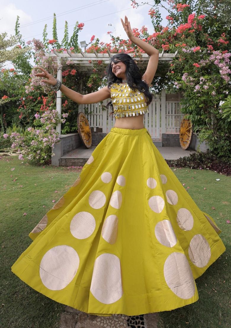 Yellow Mirror Work Silk Navratri Lehenga Choli - Indya