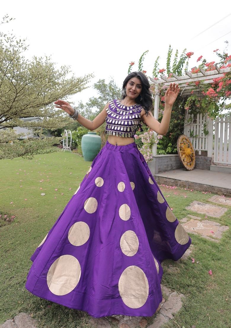 Violet Mirror Work Silk Navratri Lehenga Choli - Indya