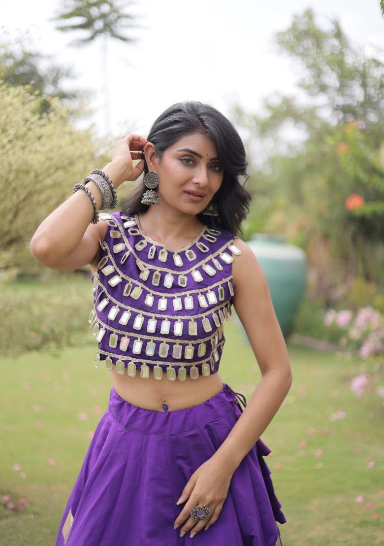 Violet Mirror Work Silk Navratri Lehenga Choli - Indya