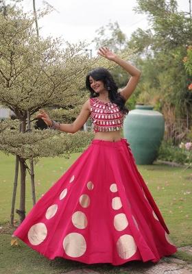 Rani Pink Mirror Work Silk Navratri Lehenga Choli