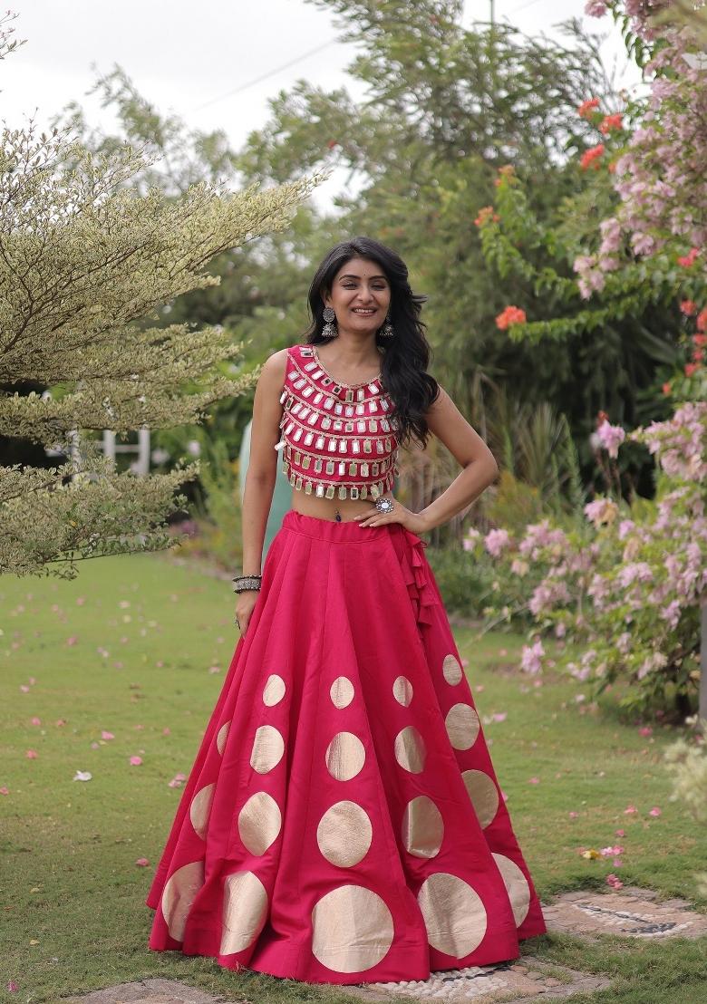 Rani Pink Mirror Work Silk Navratri Lehenga Choli - Indya