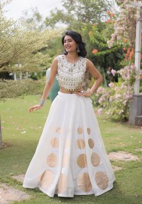 White Mirror Work Silk Navratri Lehenga Choli