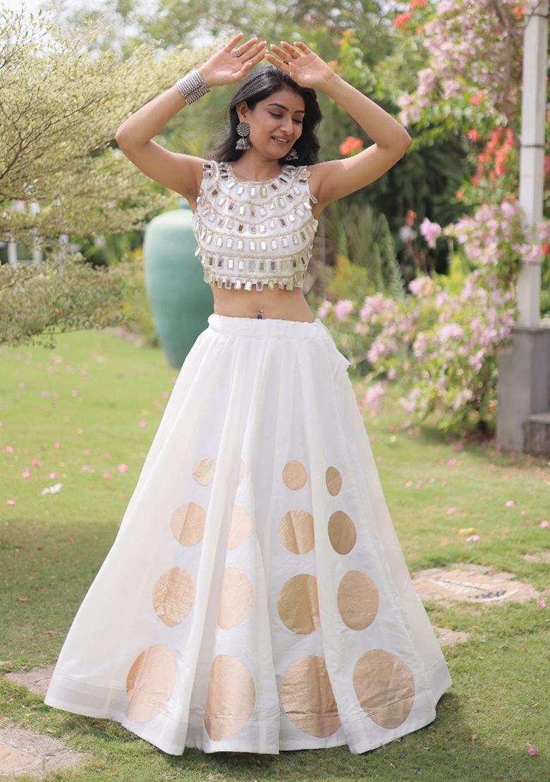 White Mirror Work Silk Navratri Lehenga Choli - Indya