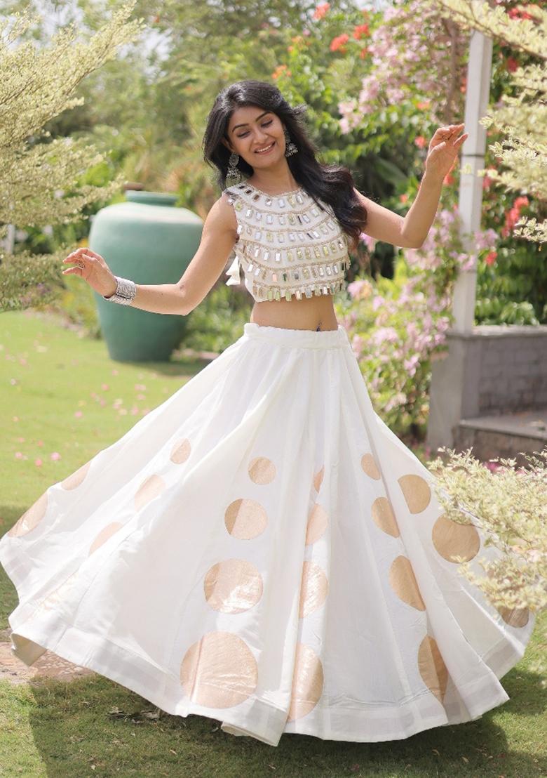 White Mirror Work Silk Navratri Lehenga Choli - Indya