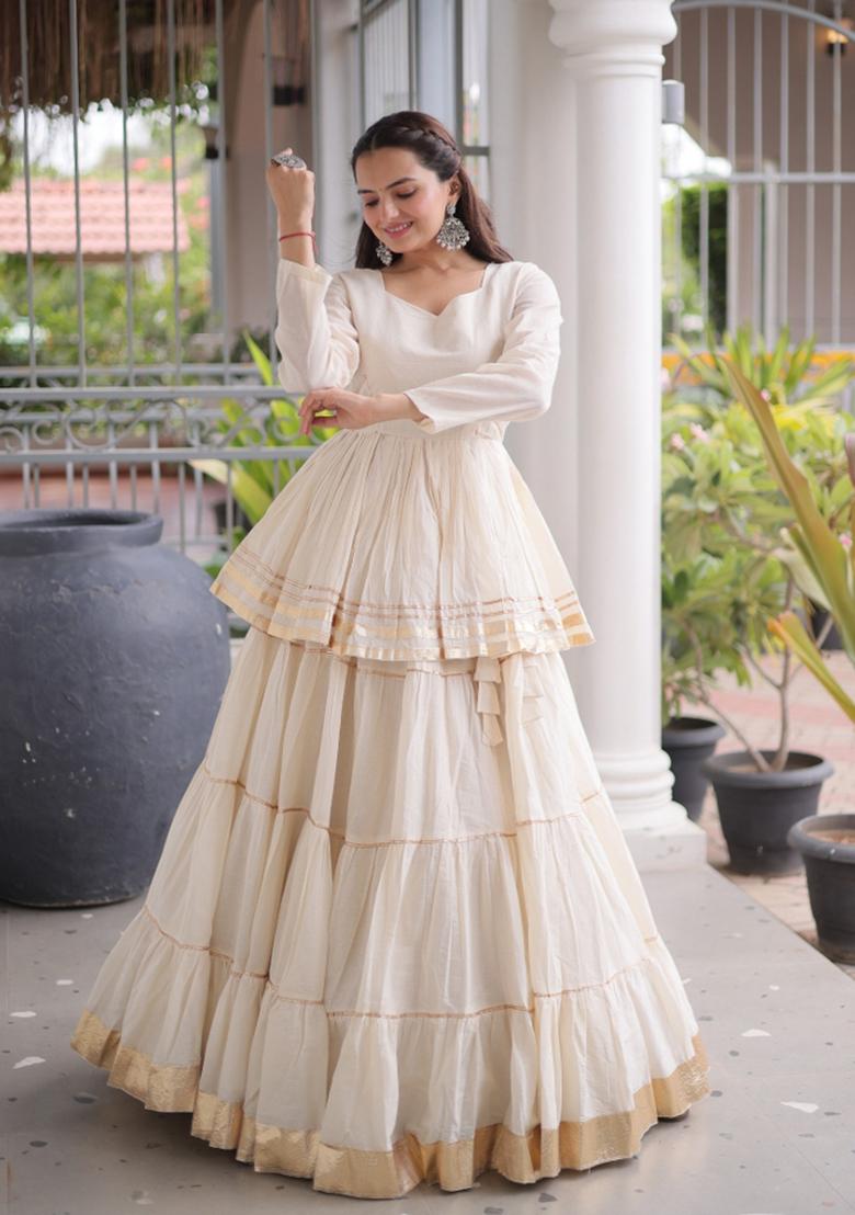 White Lace Work Cotton Navratri Lehenga Choli - Indya