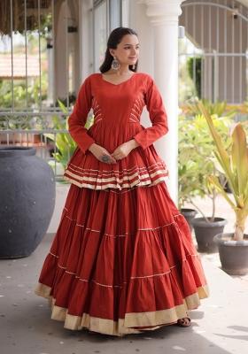 Orange Lace Work Cotton Navratri Lehenga Choli