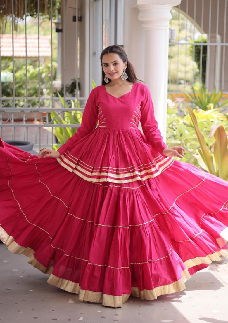 Rani Pink Lace Work Cotton Navratri Lehenga Choli - Indya