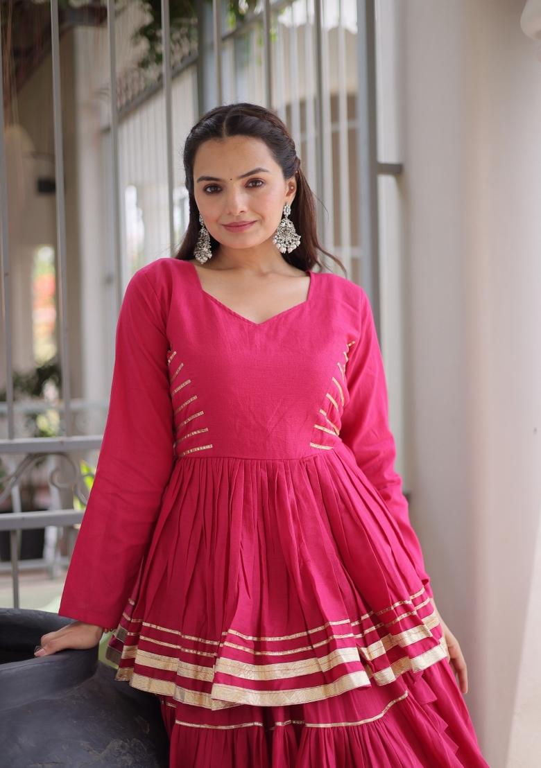 Rani Pink Lace Work Cotton Navratri Lehenga Choli - Indya