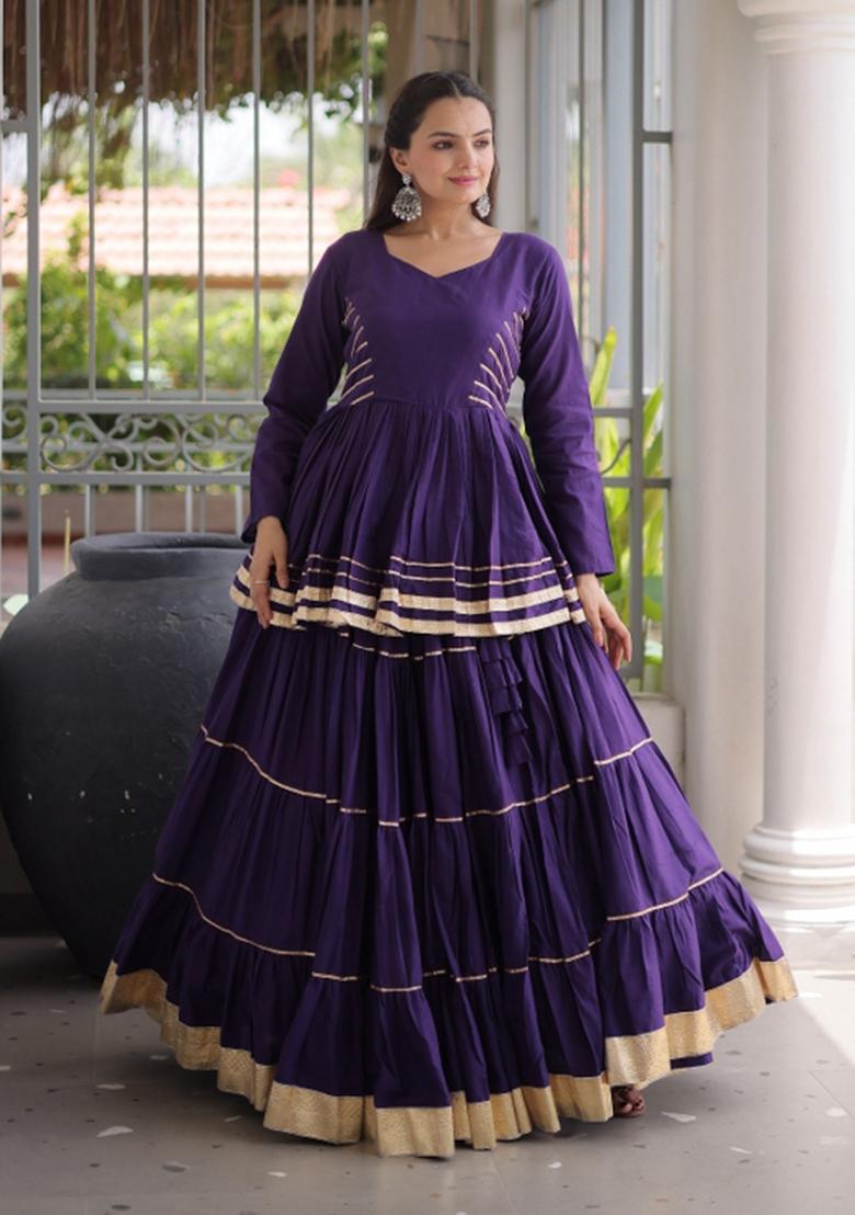 Violet Lace Work Cotton Navratri Lehenga Choli - Indya