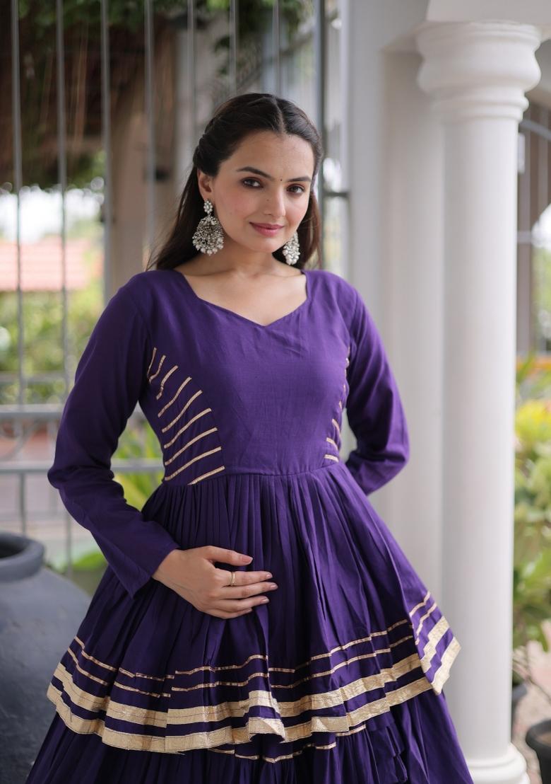 Violet Lace Work Cotton Navratri Lehenga Choli - Indya