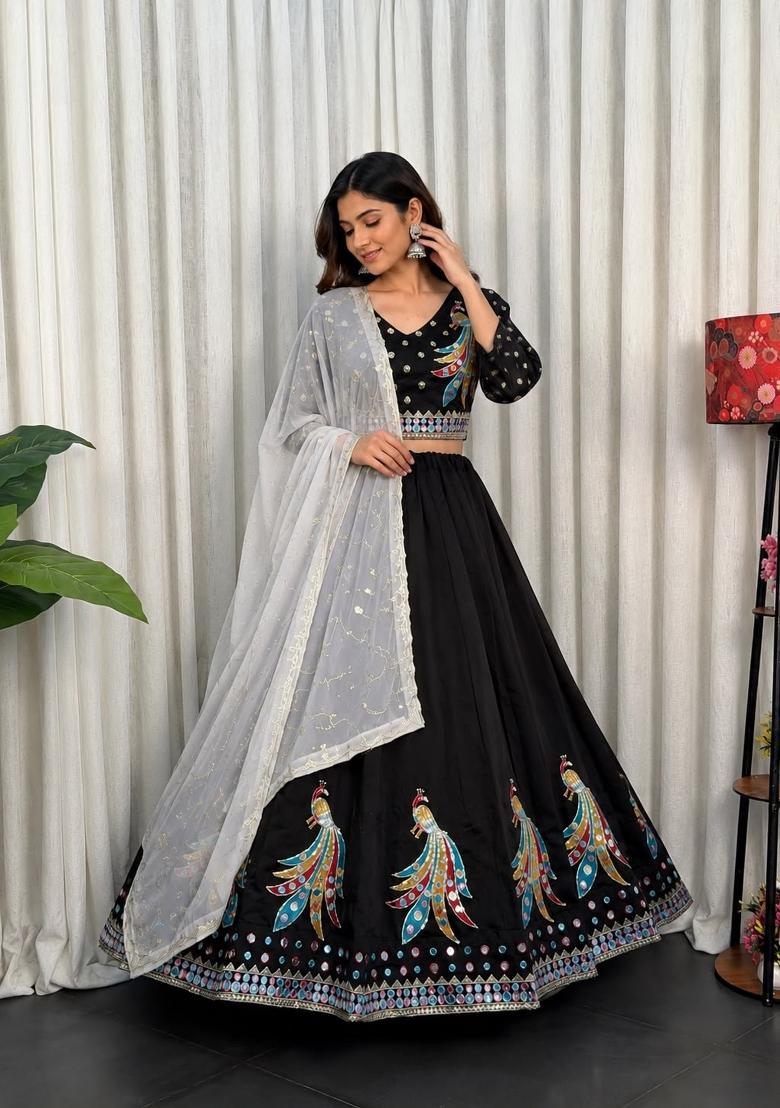 Black Embroidered Silk Navratri Lehenga Choli - Indya