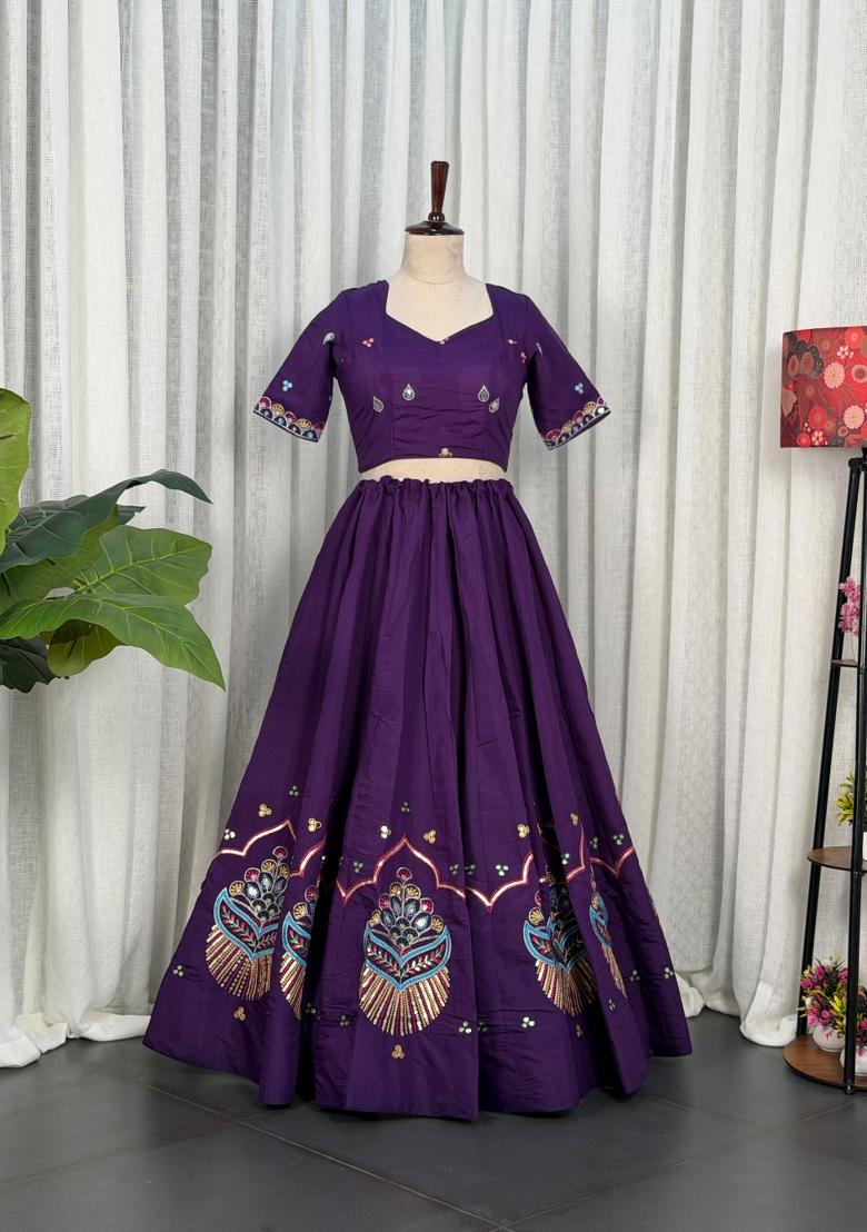 Violet Embroidered Silk Navratri Lehenga Choli - Indya