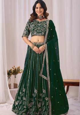 Dark Green Embroidered Georgette Lehenga Set