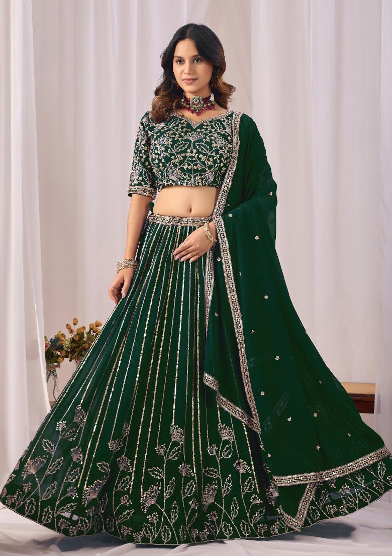 Dark Green Embroidered Georgette Lehenga Set - Indya