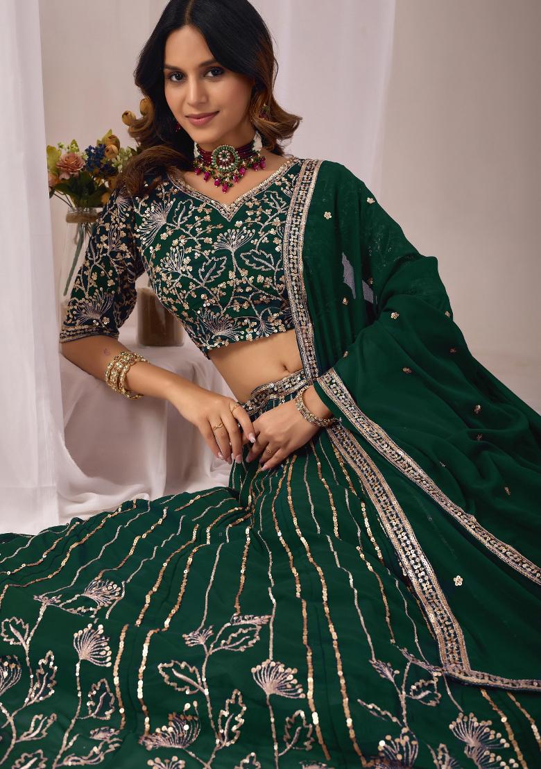 Dark Green Embroidered Georgette Lehenga Set - Indya