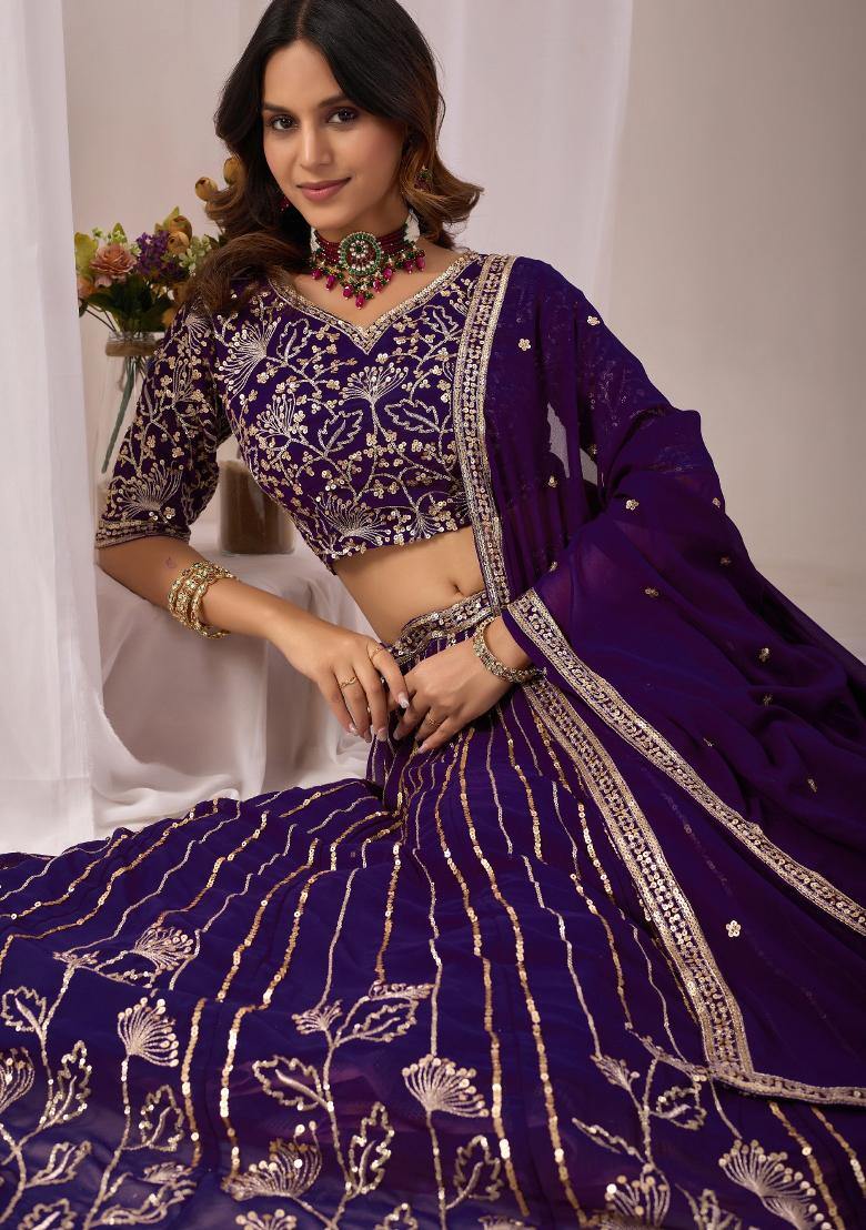 Violet Embroidered Georgette Lehenga Set - Indya