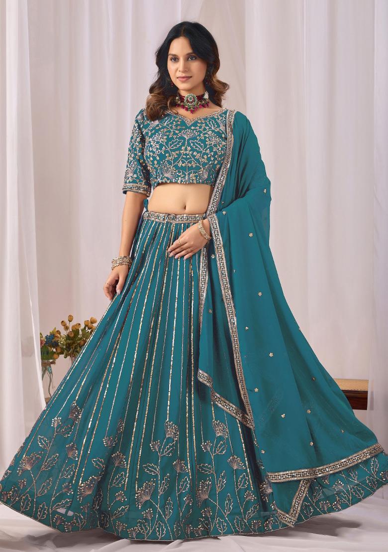 Teal Blue Embroidered Georgette Lehenga Set - Indya