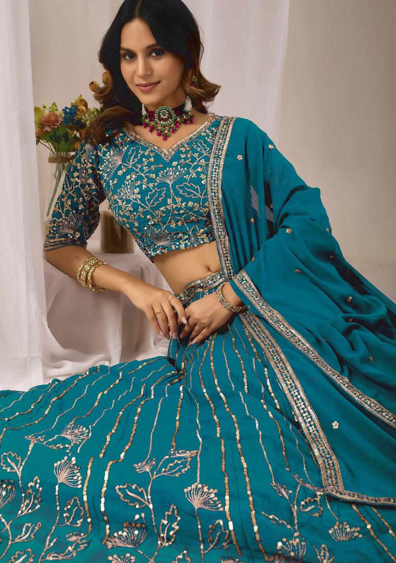 Teal Blue Embroidered Georgette Lehenga Set - Indya