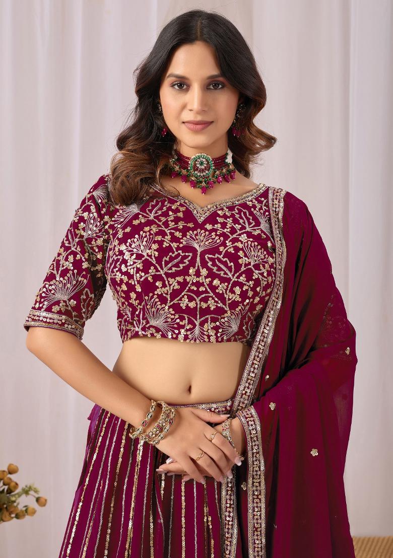 Maroon Embroidered Georgette Lehenga Set - Indya