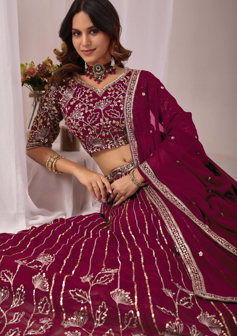 Maroon Embroidered Georgette Lehenga Set - Indya