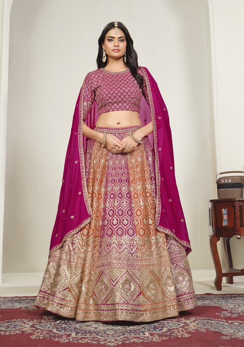 Rani Pink Embroidered Georgette Lehenga Set - Indya