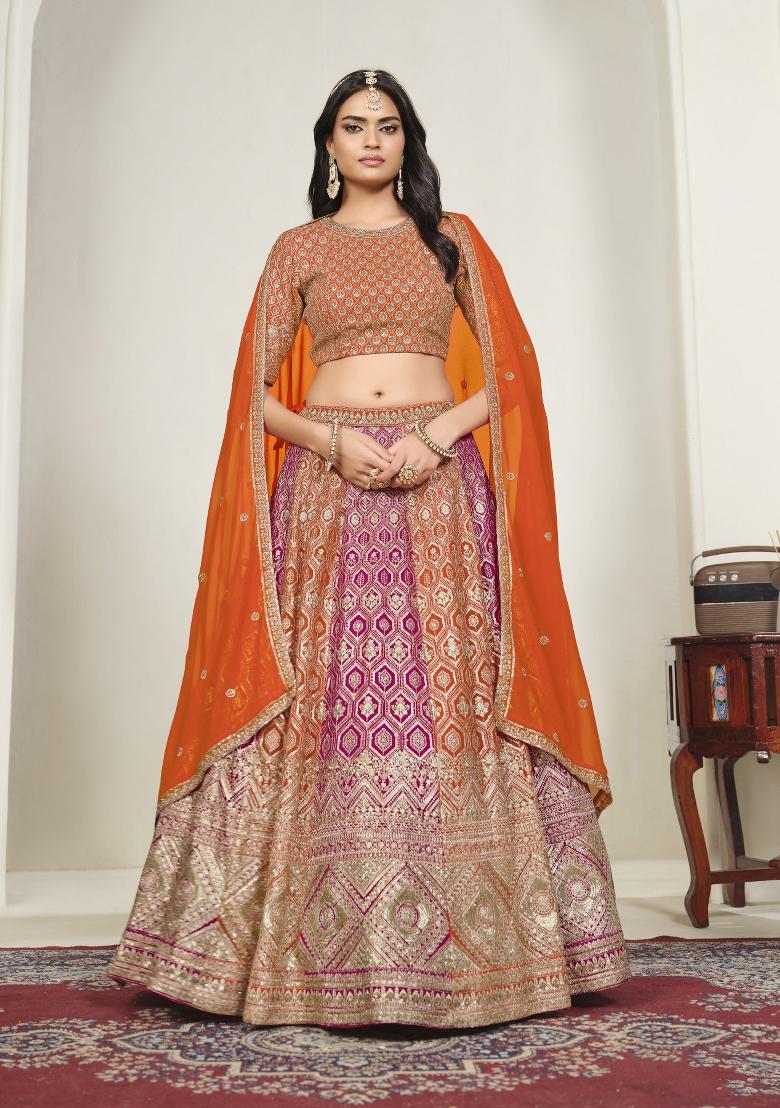 Orange Embroidered Georgette Lehenga Set - Indya
