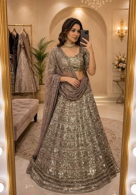 Golden Embroidered Georgette Lehenga Set