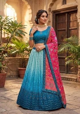 Sky Blue Embroidered Chinon Lehenga Set