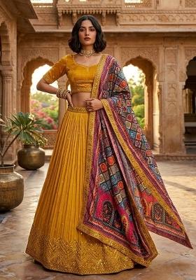 Yellow Embroidered Chinon Lehenga Set