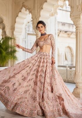 Peach Embroidered Georgette Lehenga Set