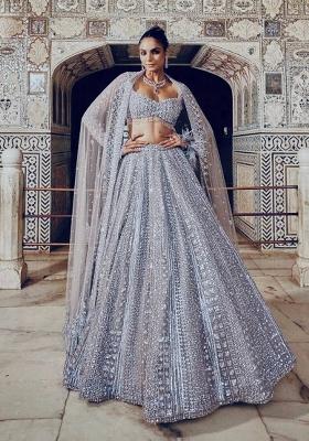 Grey Embroidered Silk Lehenga Set