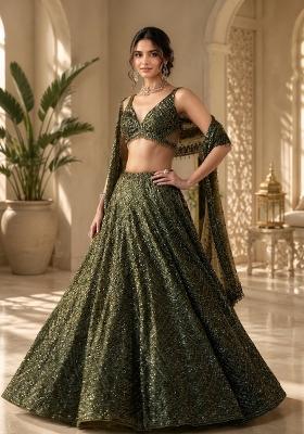 Mehendi Green Embroidered Chinon Lehenga Set