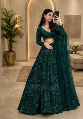 Dark Green Embroidered Net Lehenga Set