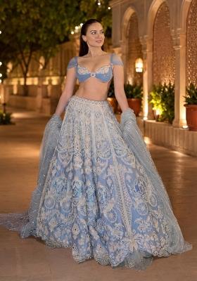 Sky Blue Embroidered Silk Lehenga Set