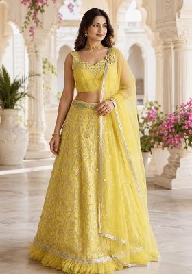 Yellow Embroidered Georgette Lehenga Set