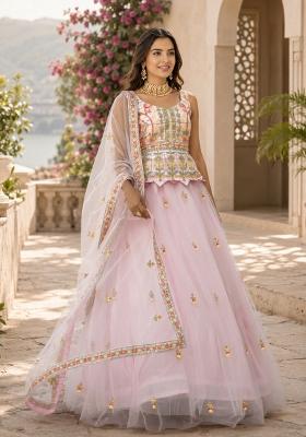 Baby Pink Embroidered Net Lehenga Set