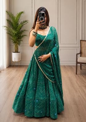 Green Embroidered Georgette Lehenga Set