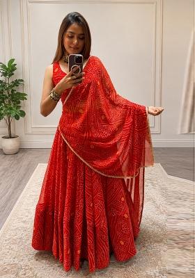 Orange Embroidered Georgette Lehenga Set