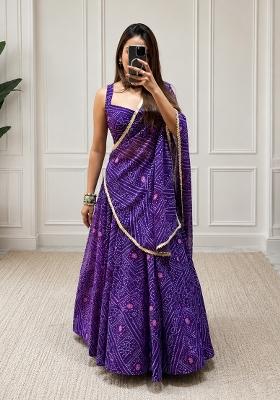 Purple Embroidered Georgette Lehenga Set