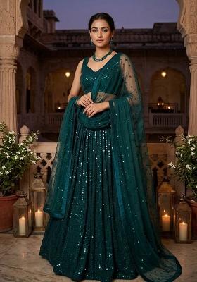 Dark Green Embroidered Georgette Lehenga Set