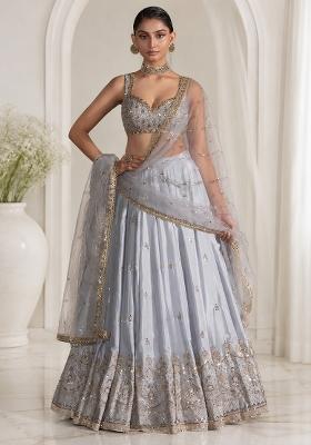 Grey Embroidered Silk Lehenga Set