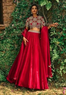Red Embroidered Roman Lehenga Set