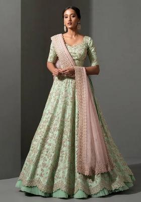 Pista Green Embroidered Silk Lehenga Set