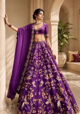 Purple Embroidered Silk Lehenga Set