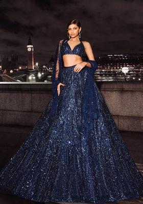Navy Blue Embroidered Net Lehenga Set