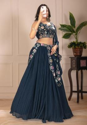 Teal Blue Embroidered Georgette Lehenga Set
