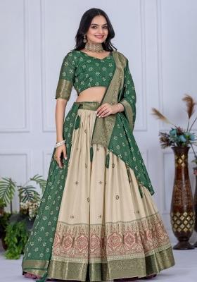 Parrot Green Embroidered Lichi Lehenga Set